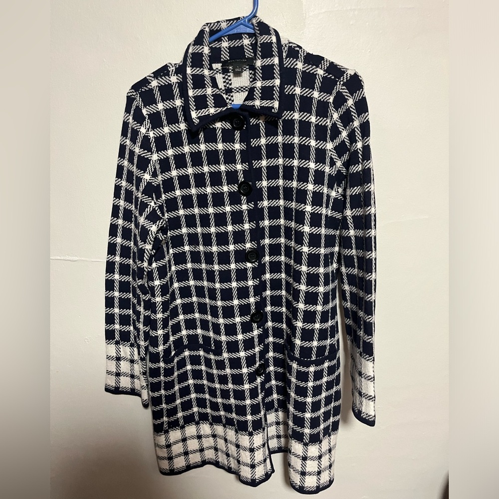 Ann Taylor Navy and White Checkered Coat